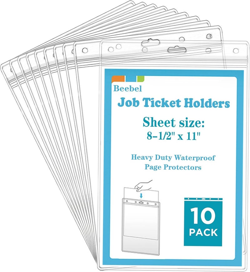 Beebel 10 Pack Job Ticket Holders 8 1/2" x 11" Waterproof Zip Page Protectors Heavy Duty Dry Erase Document Storage Shop Ticket Holders (Clear-Vertical) - Image 1